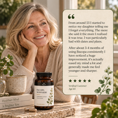 A woman seated at a table beside a bottle of Bacopa Monnieri supplements, with a large customer testimonial card overlaid on the right. The scene includes books, a mug, and a garden background, making this a lifestyle promotional image rather than a clean product-only shot.