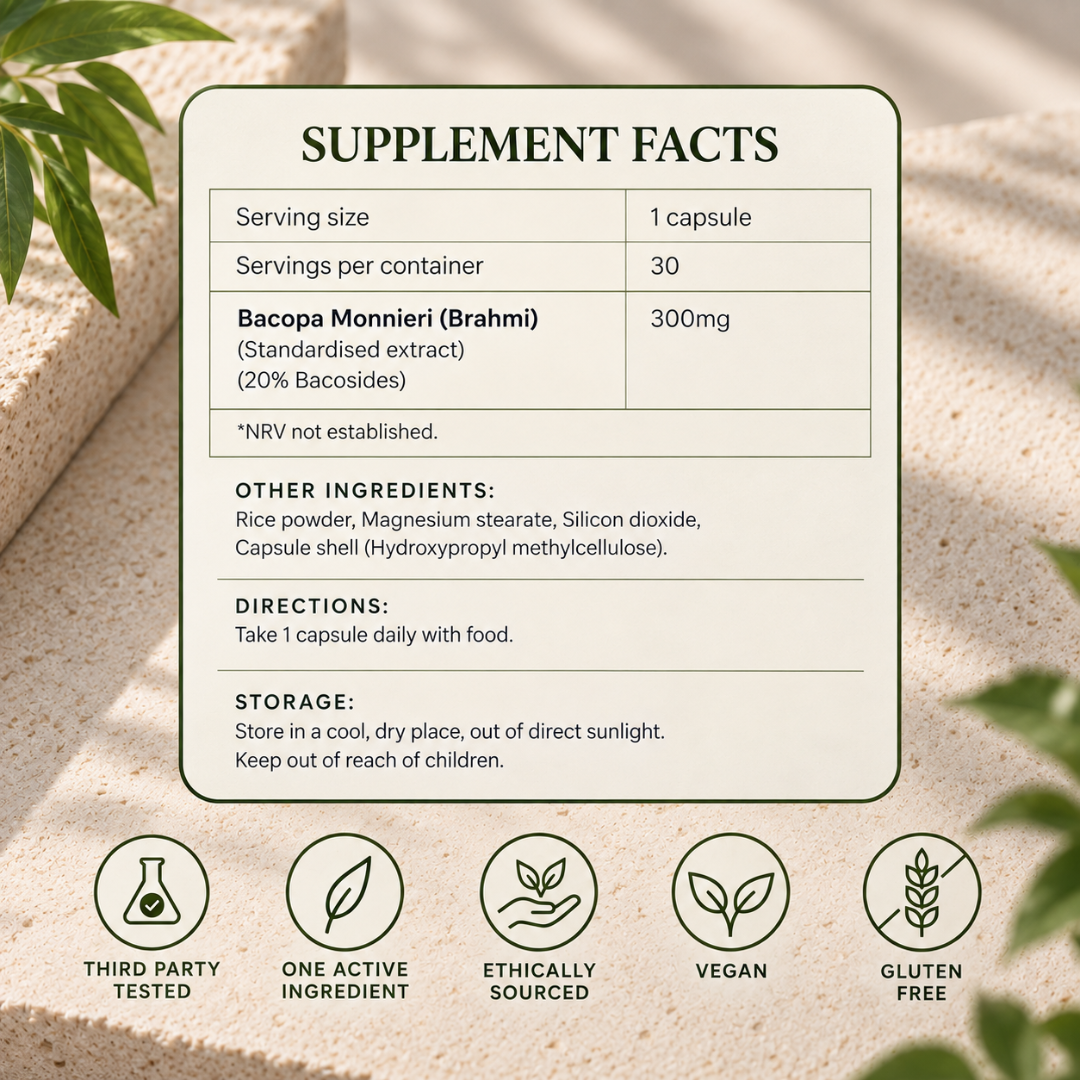 A supplement facts label for Bacopa Monnierii (Brahmi) on a textured beige background with decorative green leaves. The label states serving size is 1 capsule, servings per container is 30, and the capsule shell is hydroxypropyl methylcellulose.
