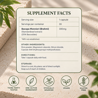 A supplement facts label for Bacopa Monnierii (Brahmi) on a textured beige background with decorative green leaves. The label states serving size is 1 capsule, servings per container is 30, and the capsule shell is hydroxypropyl methylcellulose.