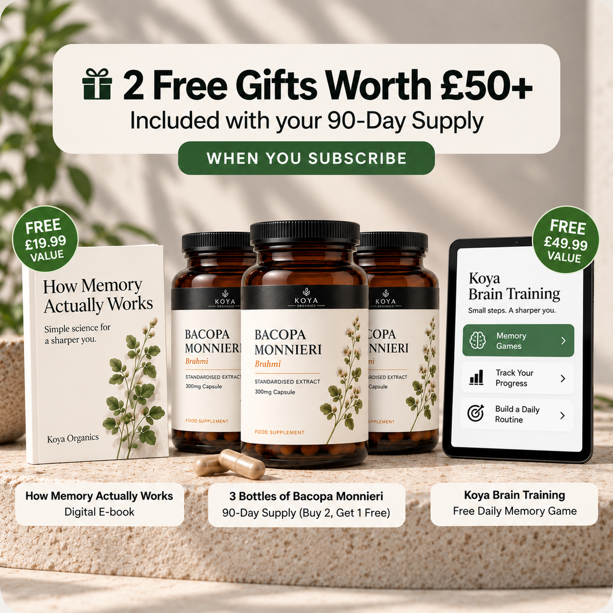 2 free gifts worh £50, and buy 2 get 1 free on your 90 day supply ofr bacopa monnieri