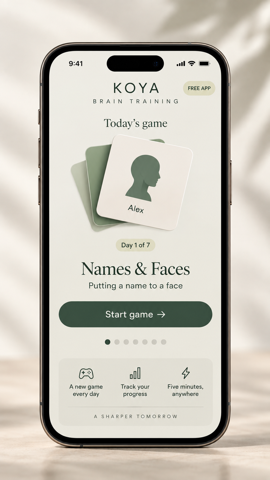 Free brain training app with Koya - 7 days of games, play each day through email.