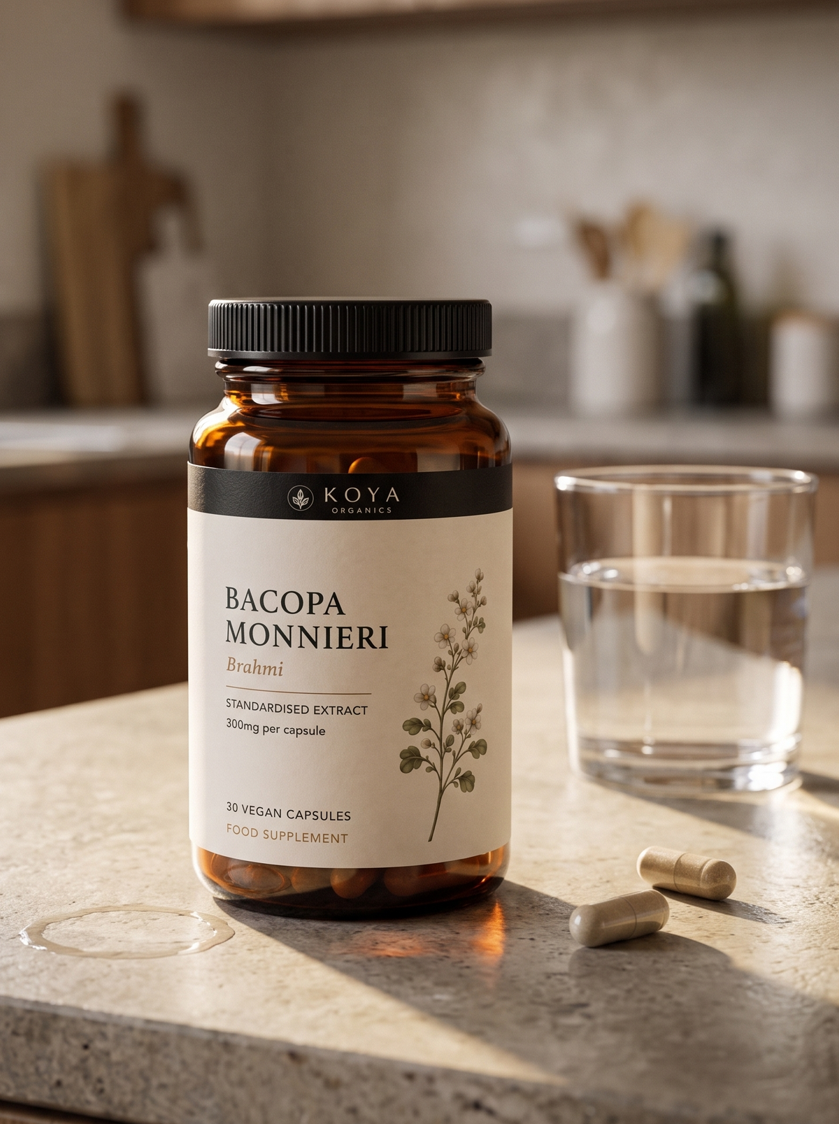 An amber supplement bottle labeled Koya Naturals Bacopa Monniери on a kitchen countertop, with a glass of water and two capsules nearby in a softly lit kitchen setting.