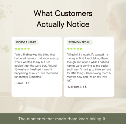 A marketing infographic titled 'What Customers Actually Notice' with two white quote cards showing customer testimonials and a green footer reading 'The moments that made them keep taking it.'.