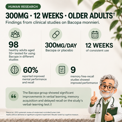 An informational infographic about clinical findings for Bacopa monnieri, with text reading '300MG • 12 WEEKS • OLDER ADULTS' and icons summarizing study results such as 98 healthy adults tested and 60% reporting improved mental performance and recall.